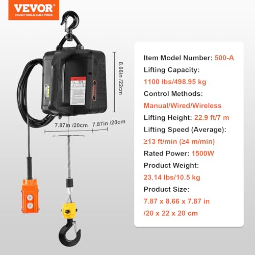 VEVOR Electric Hoist, 440 lbs Lifting Capacity, 480W 110V Electric Steel Wire Winch with Wireless Remote Control, 40ft Single Cable Lifting Height & Pure Copper Motor, for Garage Warehouse Factory