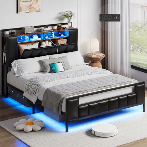 Alohappy Full Size Bed Frame with Storage Headboard & Charging Station, PU Leather Platform Bed Frame Full with LED Lights and Hidden Storage, Heavy Duty Metal Slats, No Box Spring Needed, Black