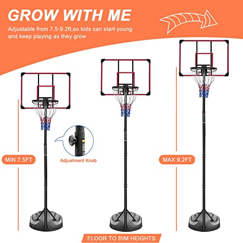 Portable Basketball Hoop, 32" Backboard Basketball Goal Stand with Fillable Base and Wheels, 7.5-9.2ft Adjustable Height for Youth Adults Indoor Outdoor Basketball Goal