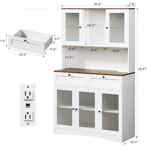 71" Kitchen Pantry Cabinet with Lights & Acrylic Doors, Pantry Storage Cabinet with Microwave Stand, Kitchen Hutch Food Cabinets with Charging Station, Adjustable Shelves, White