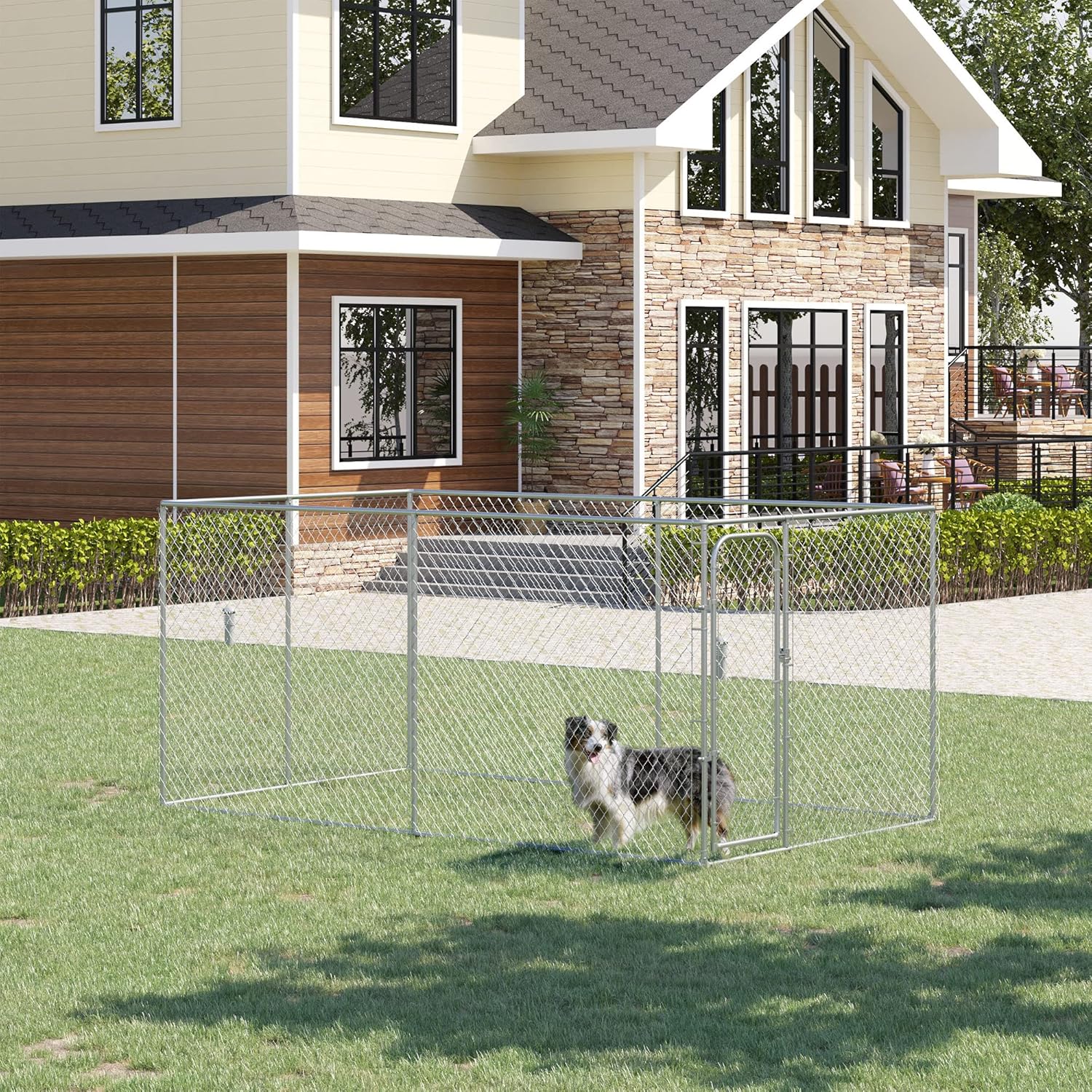 PawHut Large Dog Kennel Outside, Heavy Duty Dog Cage, Outdoor Fence Dog Run with Galvanized Chain Link, Secure Lock, 13.1' x 7.5' x 6'