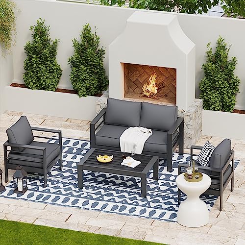 UDPATIO 8 Piece Aluminum Patio Furniture Set, Oversized Modern Outdoor Furniture Set with Olefin Fabric Cushion for Patio Deck Backyard, Dark Grey(with Waterproof Covers)