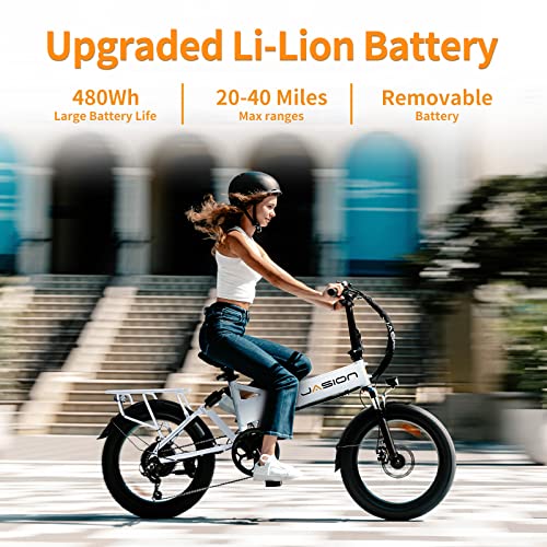 Jasion EB7 2.0 Electric Bike for Adults, 850W Motor 28MPH Max Speed Folding Ebike, 48V 10AH Removable Battery, 20" Fat Tire with Dual Suspension, 7-Speed Electric Bicycles, with 2 Rear Basket