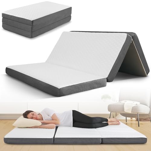 Tri Folding Mattress with Memory Foam Layer - 4 Inch Trifold Foldable Bed Mattress with Washable Cover | Full Size 75" x 54" x 4" Non-Slip Bottom Camping Floor Mattress Perfect Guest Bed