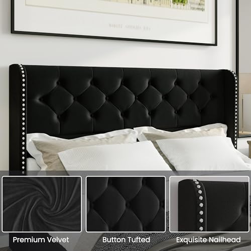 Bed Frame King Size with Storage Drawers and Tufted Headboard, Velvet Upholstered Platform Bed Wingback Bed Frame with Wood Slats, No Box Spring Needed, Black