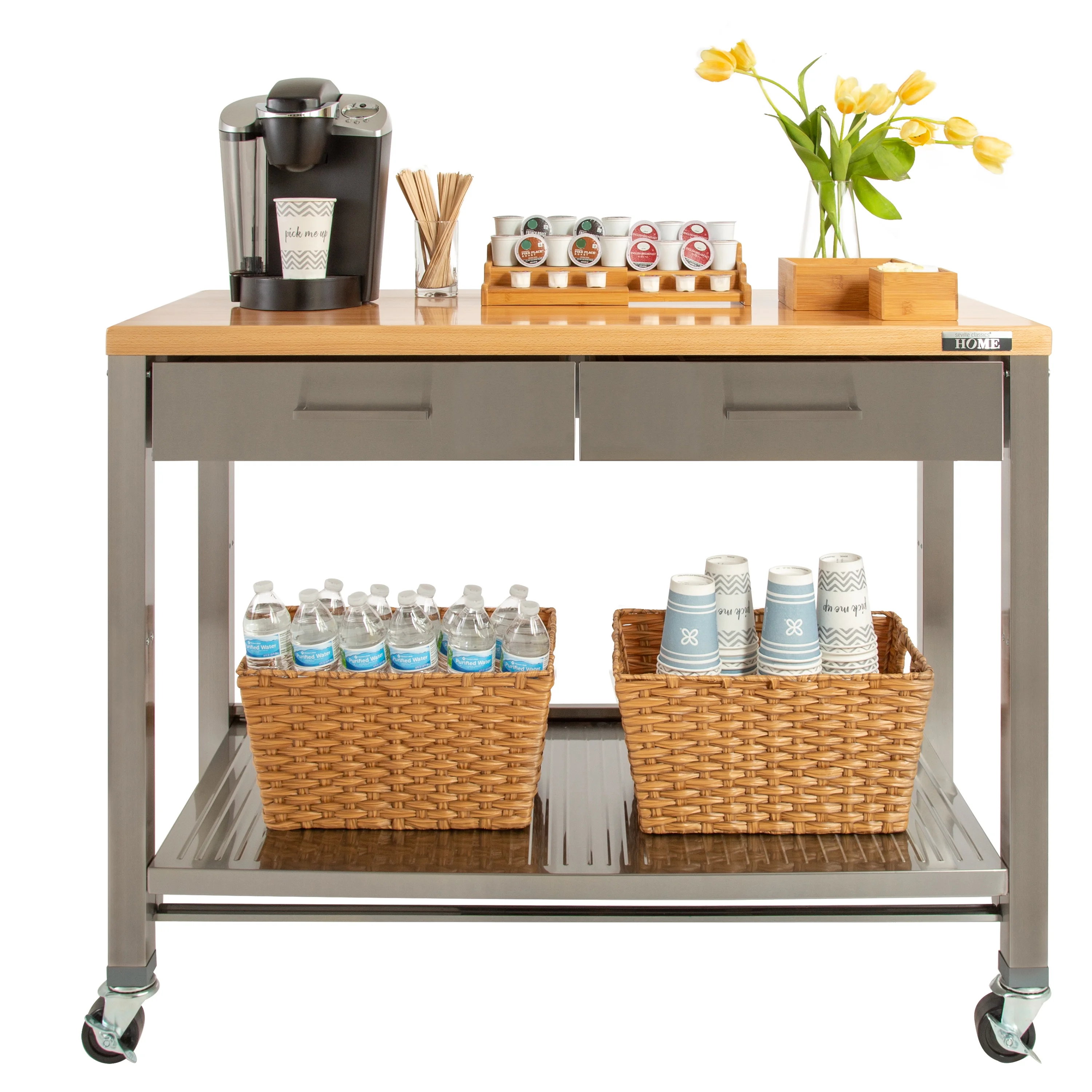 Seville Classics UltraHD Stainless Steel Workcenter Professional Kitchen Island, 2-Drawer, Peg Boards, Steel, Solid Wood Top