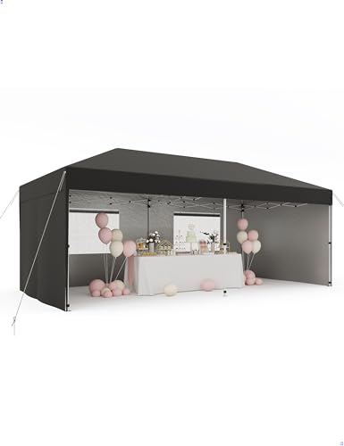 10'x 20' Pop up Canopy Tent with 210D Oxford Fabric, Portable Instant Commercial Canopy Including 4Pcs Sidewalls 12 Stakes 6 Ropes 6 Sandbags for Farmers' Market, Wedding Event, Outdoor, Camping-Black