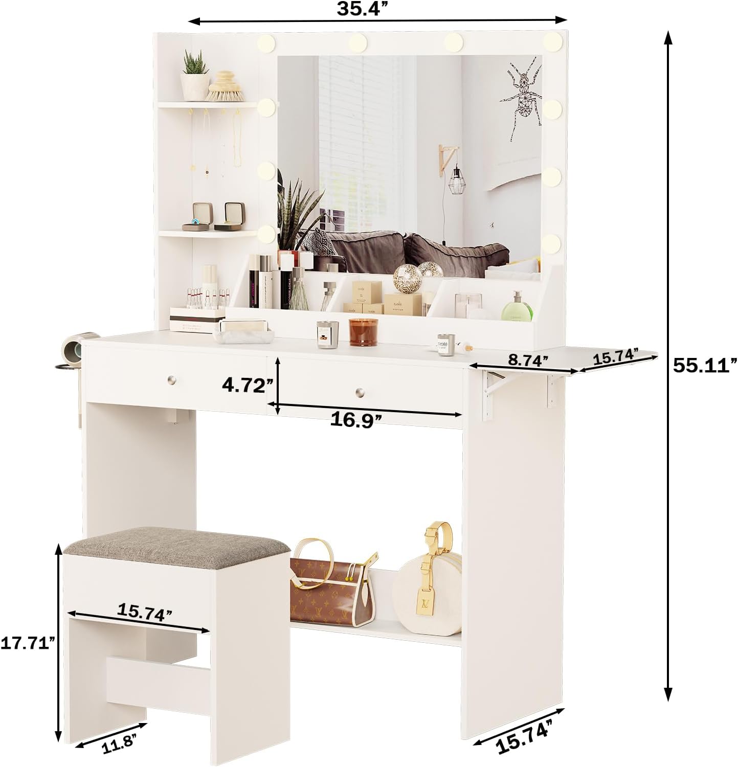 Makeup Vanity Desk with Lights and Charging Station, Small Vanity Desk Set, Makeup Table with 2 Large Drawers & Cushioned Stool, 4 Hooks, for Bedroom, White