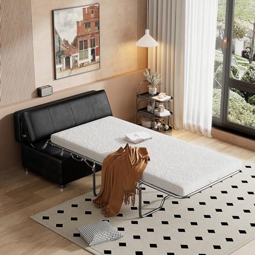 Ottoman Folding Bed, Fold Out Sleeper Bed With Mattress, Convertible Chair Into Sofa Bed, Couch Sleeper Solid Metal Frame, Dual Use Guest Bed Lounge Bed, Living Room Bedroom Office (Light Gray-003)