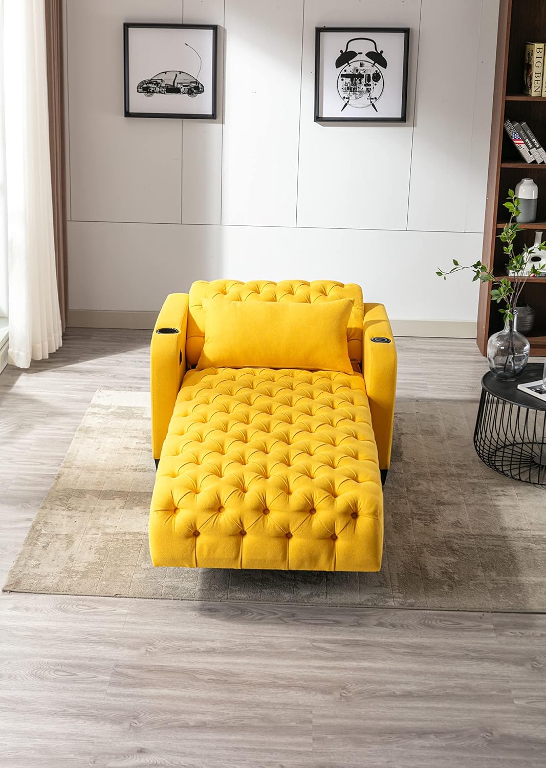 Casual Chaise Lounge Indoor, Button Tufted Upholstered Single Sofa Bed with Pillow, Adjustable Backrest Sleeper Couch Recliner Chair for Bedroom, Living Room, Apartment, Yellow