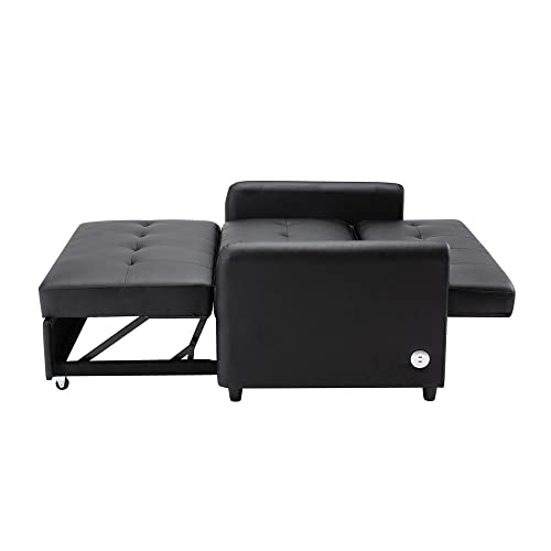 2-in-1 Pull-Out Sofa Bed, Loveseat Convertible Sofa, Convertible Lounge Chair, Sleeper Couch Bed with Dual USB Ports Adjustable Backrest, for Small Room Apartment, Easy Assembly, Brown