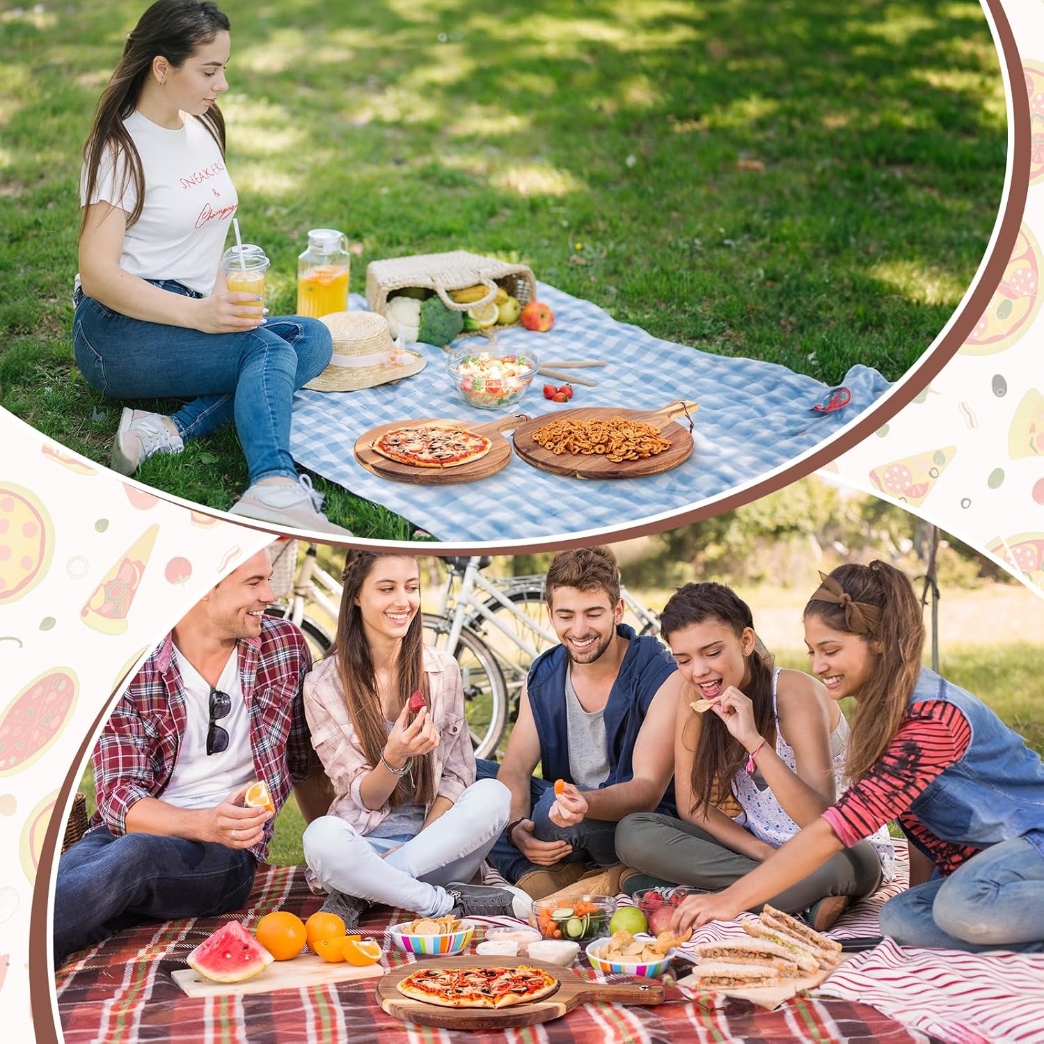 16 Pack Acacia Wood Cutting Board with Handle Thick Round Charcuterie Boards 2 Size Acacia Chopping Boards for Serving Cheese Pizza Bread Platter Baking Wooden Wall Carving Decor