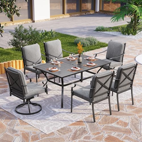 PHI VILLA 7 Pieces Outdoor Dining Set for 6, Rectangular Black Steel Dining Table with Fixed and Swivel Iron Chairs, Large Dining Furniture Set with Cushions for Patio, Deck, Porch, Backyard