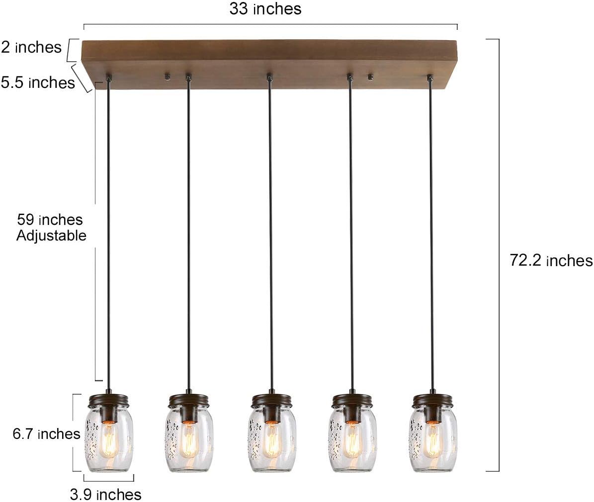 LNC Farmhouse Mason Jar Chandelier, 5-Light Adjustable Rustic Pendant Chandeliers Hanging Light Fixture for Kitchen Island and Dining Room Brown