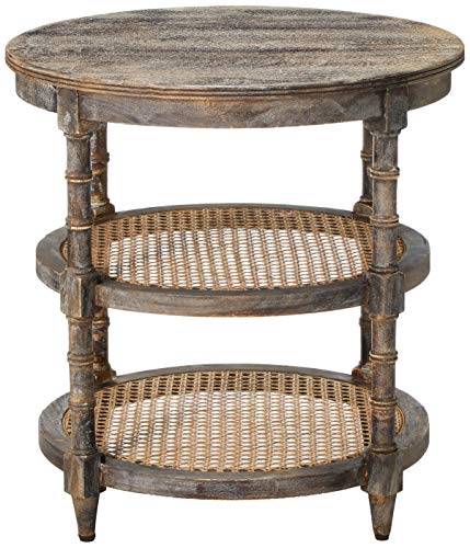 Creative Co-Op Round Mango Wood Table with 2 Cane Shelves