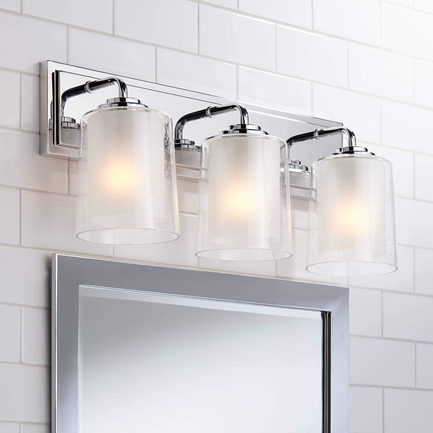 Possini Euro Design Mabelle Modern Wall Light Chrome Silver Hardwired 22 1/2" Wide 3-Light Fixture Mounted Clear Seedy Outer Frosted Glass Inner Bathroom Vanity Mirror House Home Hallway Room Decor