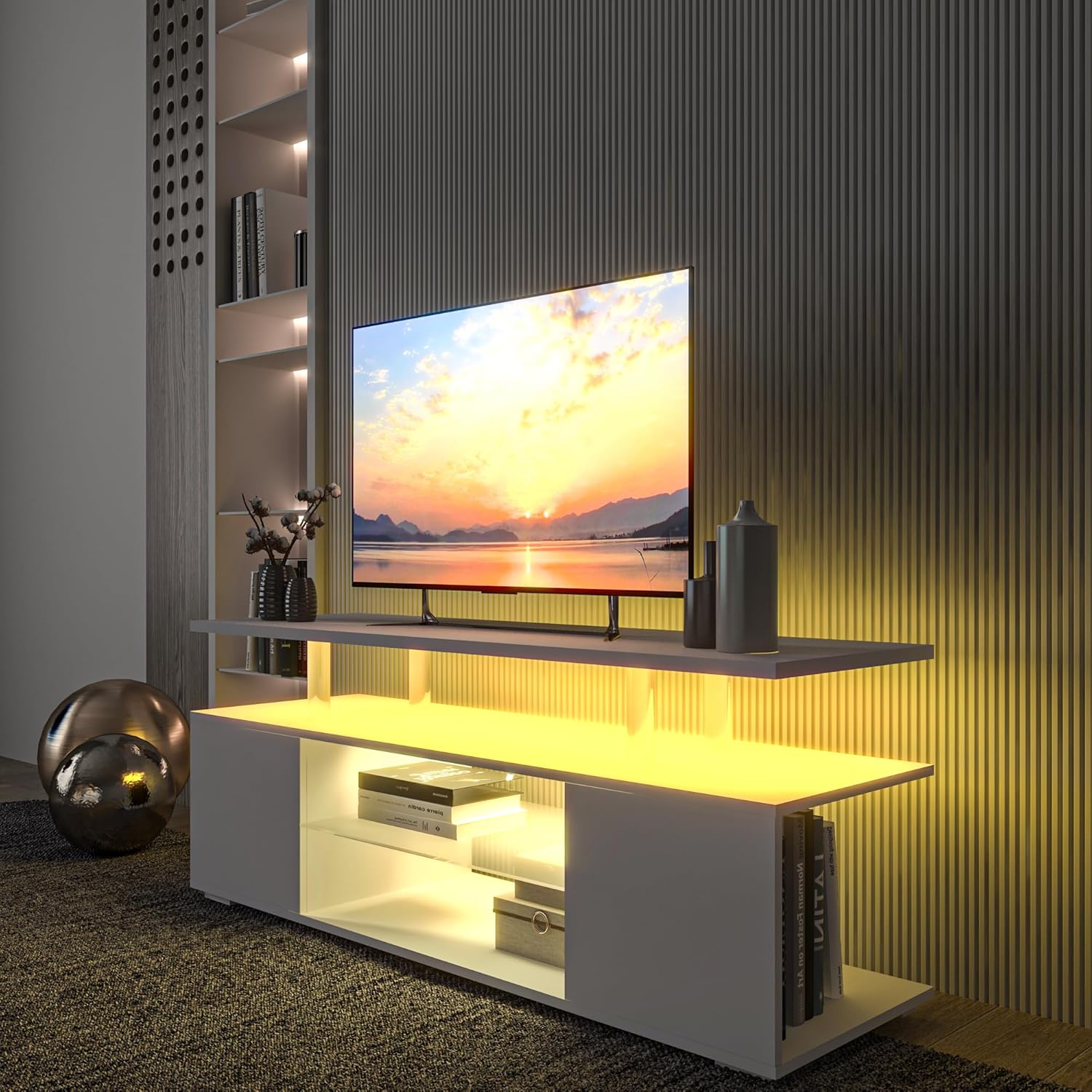 DMAITH TV Stand with LED Lights for 32/40/50/55 Inch TV, White Modern Entertainment Center TV Stand with Storage and Open Shelves, TV Console Cabinet