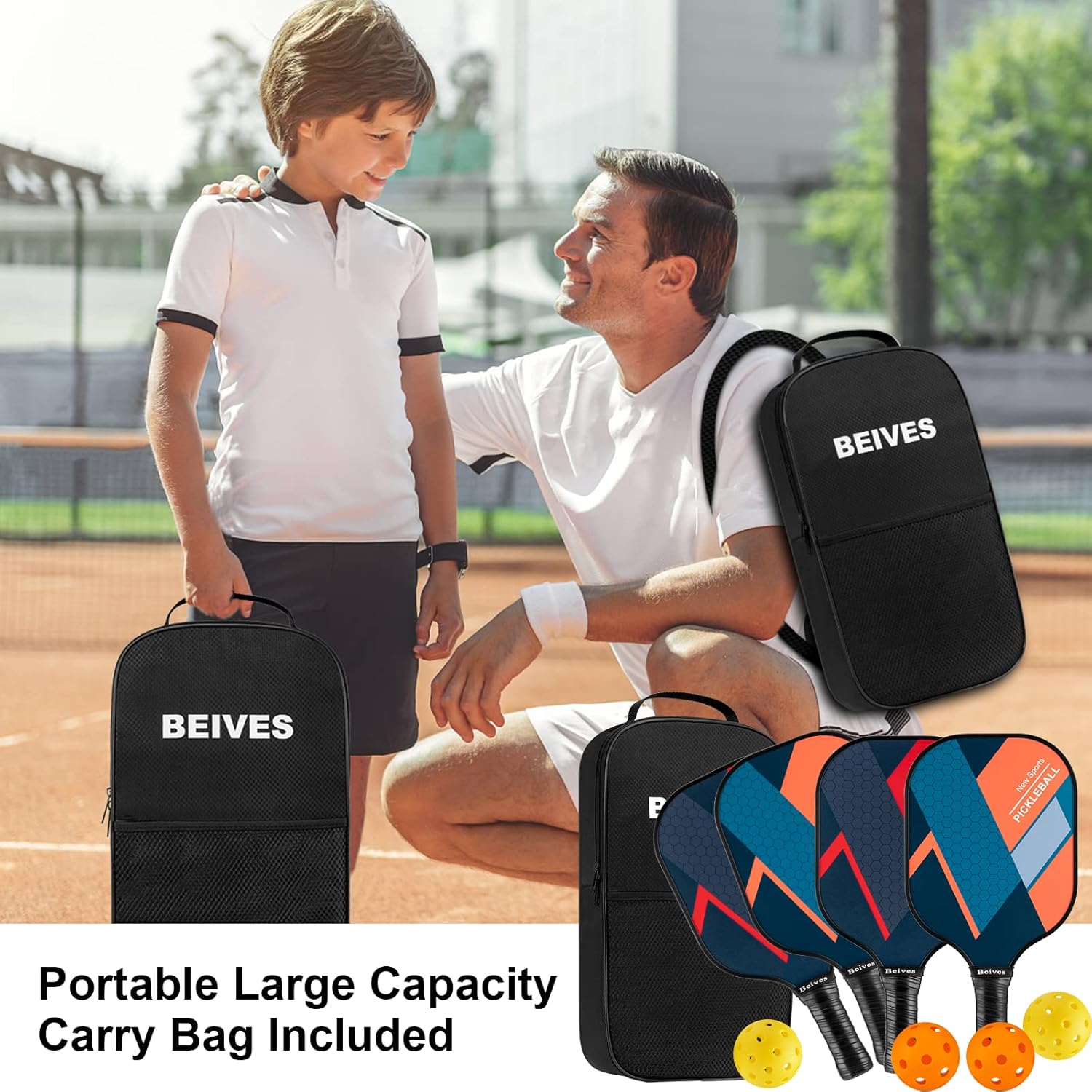 Beives Pickleball Paddles Set of 4 Pickleball Rackets Lightweight Pickleball Sets, 4 Pickleball Racquets and 4 Balls Including Portable Carry Bag