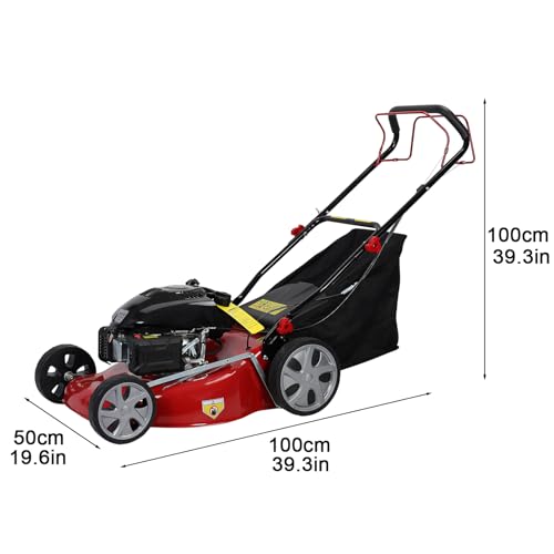 20-Inch Gas Push Lawn Mower | 141CC 4-Cycle Engine | Self Propelled Lawn Mower | Side Discharge | High Rear Wheels | 7-Position Single Wheel Height Adjustment (Red)