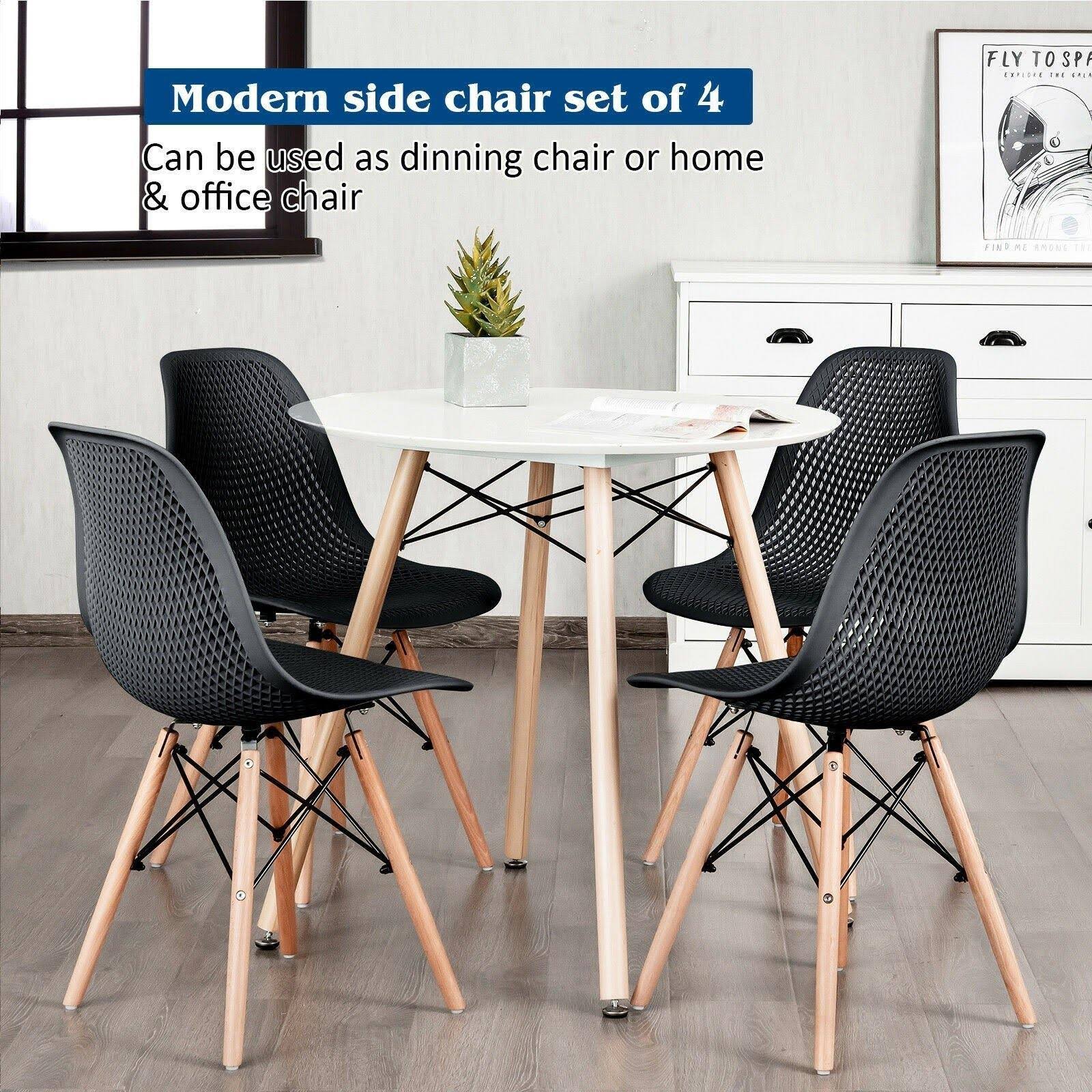 4 Pcs Modern Plastic Hollow Chair Set with Wood Leg-White