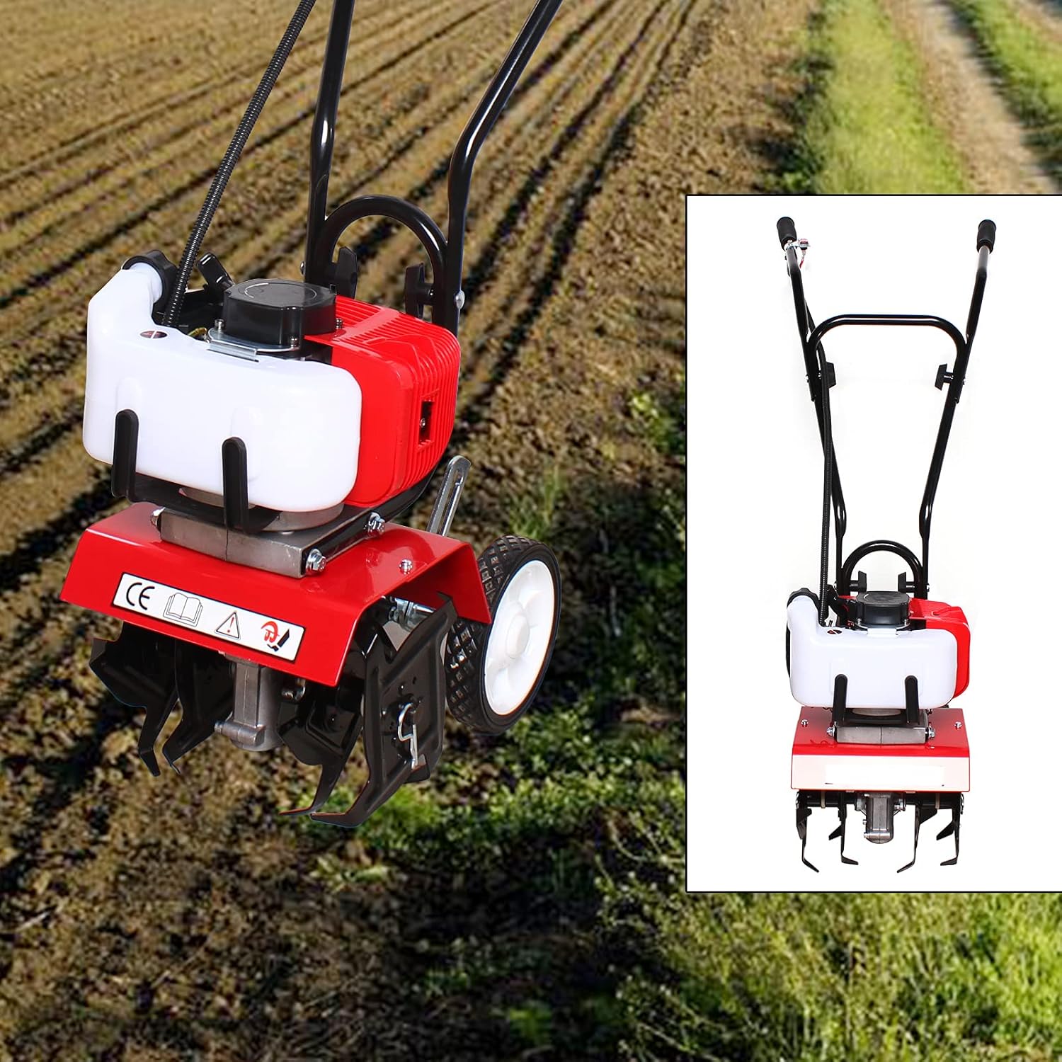 Gas Mini Tiller Cultivator, 52cc 2-Stroke Garden Cultivator, Tillers and Cultivators Gas Powered, Gas Rototiller, 6500rpm Cdi Tilling Tool with 2 Wheels, Tiller for Gardening