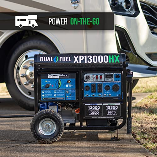 DuroMax XP13000HXT 13,000-Watt 500cc Tri Fuel Gas Propane Natural Gas Portable Generator with CO Alert, Black/Blue