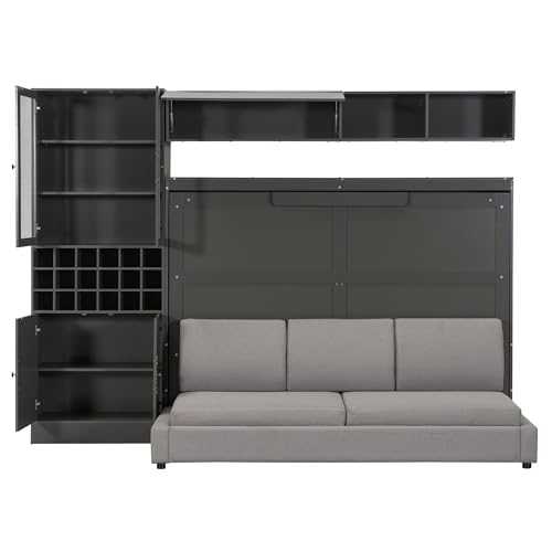 Merax Queen Size Murphy Bed Wall Bed with Sofa, Shelves, USB & Light - Space Saving Foldable Bed for Small Apartments, Grey