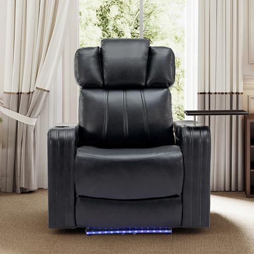 Merax Power Recliner Chairs for Living Room, with Cooling Cup Holder Bluetooth Speaker LED Lights USB Ports Tray Table Storage, Dark Blue