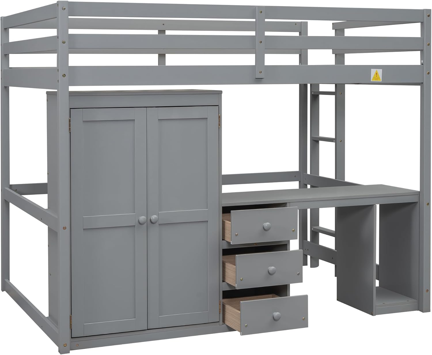 Full Size Loft Bed with Desk & 3 Storage Drawers & Wardrobe Design for Kids Bedroom,Solid Wood Bedframe w/Ladder & Safety Guardrails,No Box Spring Needed & Super Save Space, Gray