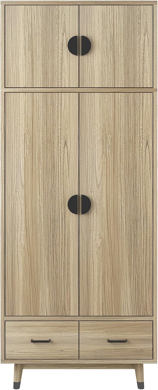 Armoire Wardrobe Closet 2-Door Storage Pantry Cabinet Modern Wood Closet with 2 Drawers, Hanging Rod, Freestanding Pantry Cabinet for Bedroom, Oak