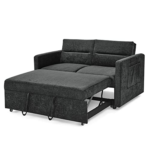 Couch with Adjustable Back and Two Arm Pocket Chenille Fabric Convertible Sofa, Sleeper Bed for Living Room Apartment Lounge, Grey