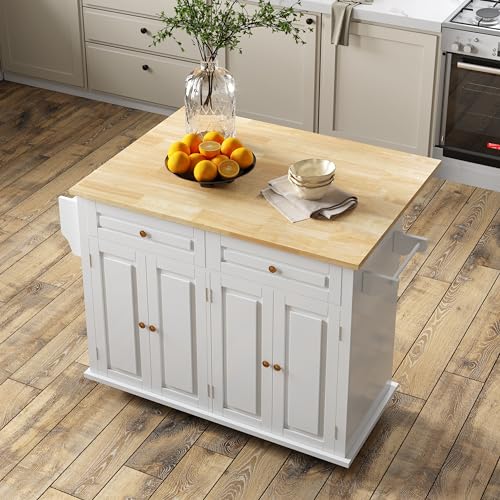 Rolling Kitchen Island with Drop Leaf, Mobile Kitchen Carts on Wheel with Storage Cabinet, Drop Leaf Island Table for Kitchen with Towel Rack and Drawer, White