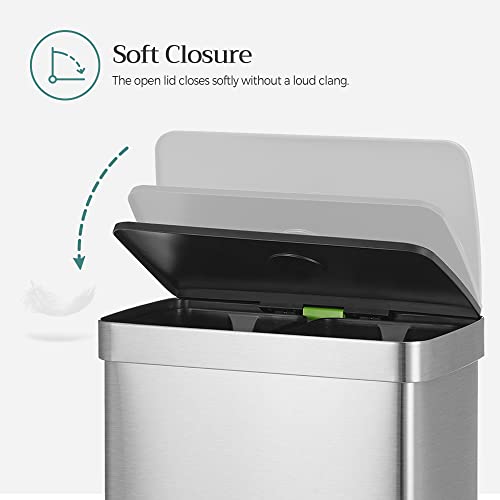 SONGMICS Kitchen Trash Can, 16 Gallons (2 x 8 Gallons) Dual Compartment Garbage Can, 60L Pedal Recycling Bin, Stay-Open Lid and Soft Closure, Stainless Steel, 15 Bags Included, Silver ULTB202E01