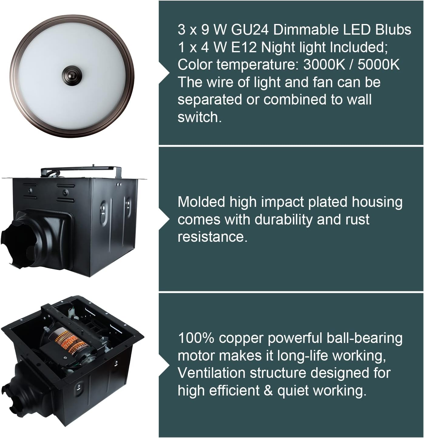 Akicon Ultra Quiet 110 CFM Round Exhaust Bathroom Fan with Light and Nightlight Bronze (3x9W GU24 Base LED Bulbs and 1pcs E12 Nightlight Included) 3 Years Warranty