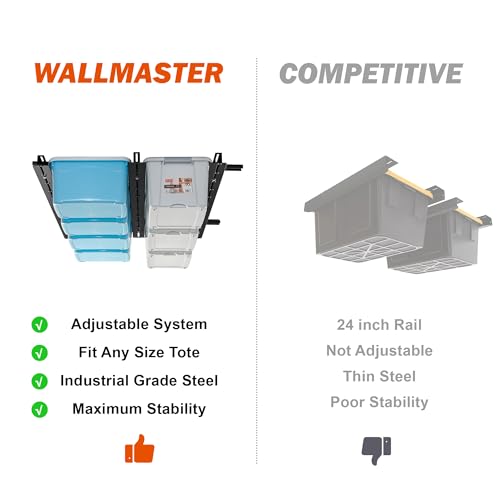 Wallmaster Garage Overhead Storage Rack, Ceiling Bin Organization System With Adjustable Rails, Heavy Duty Metal Overhead Bin Rack Holds Up to 5 Tote Bins (Black)