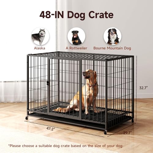 48 Inch Heavy Duty Indestructible Dog Crate Steel Escape Proof, Indoor Double Door High Anxiety Cage, Kennel with Wheels, Removable Tray, Extra Large XL XXL