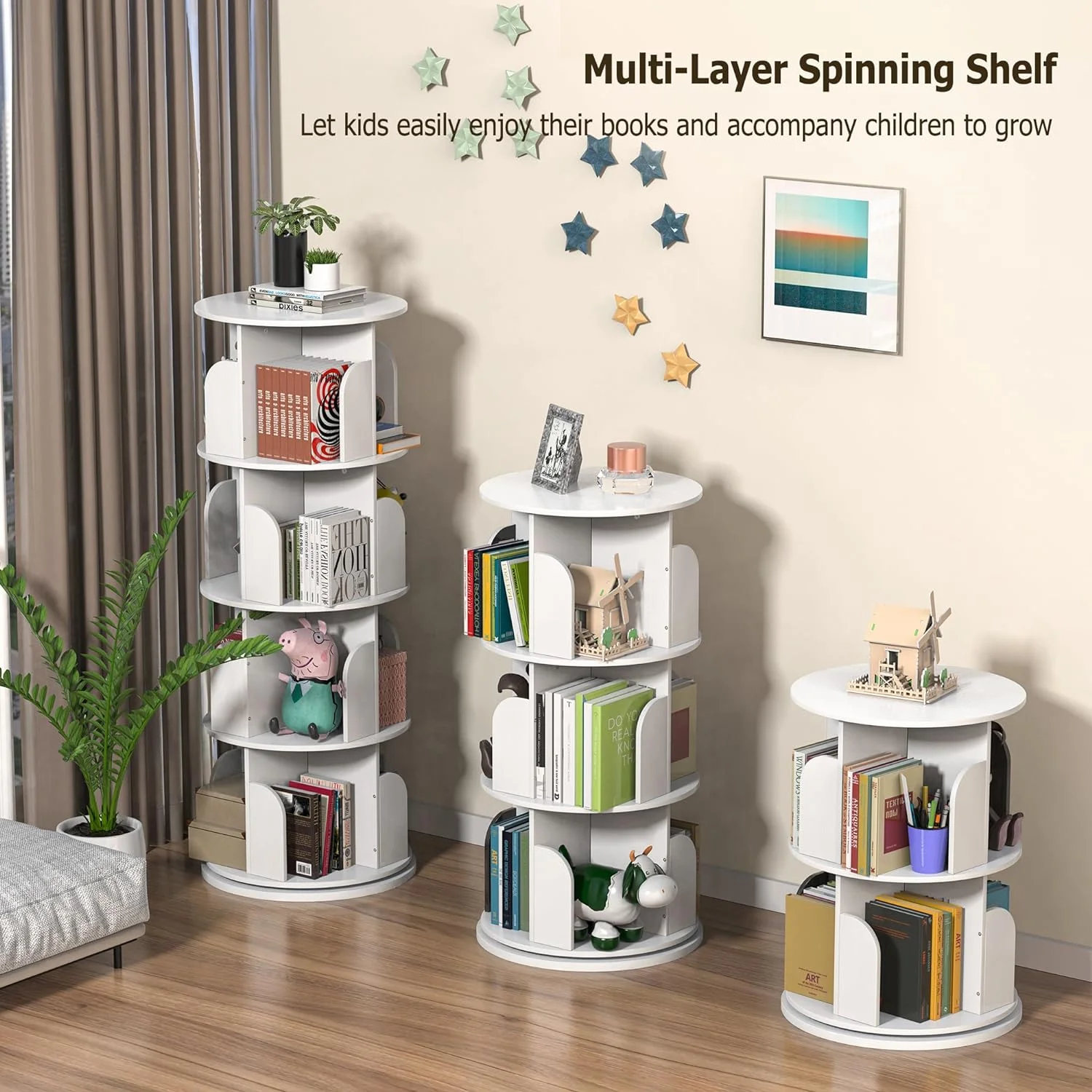 Rotating Bookshelf, Small Bookshelf for Small Space, 360 Display 4 Tier Floor Standing Bookcase Storage Rack, Wood Narrow Book Shelf Organizer for Bedroom, Living Room (White)