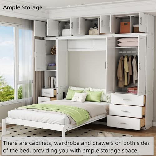 Merax Full Size Murphy Bed Cabinet with Lockers and Storage Wardrobes Shelves, Wood Foldable Hidden Wall Platform Bedframe Chest for Home, Bedroom, Office, Small Room, Apartment