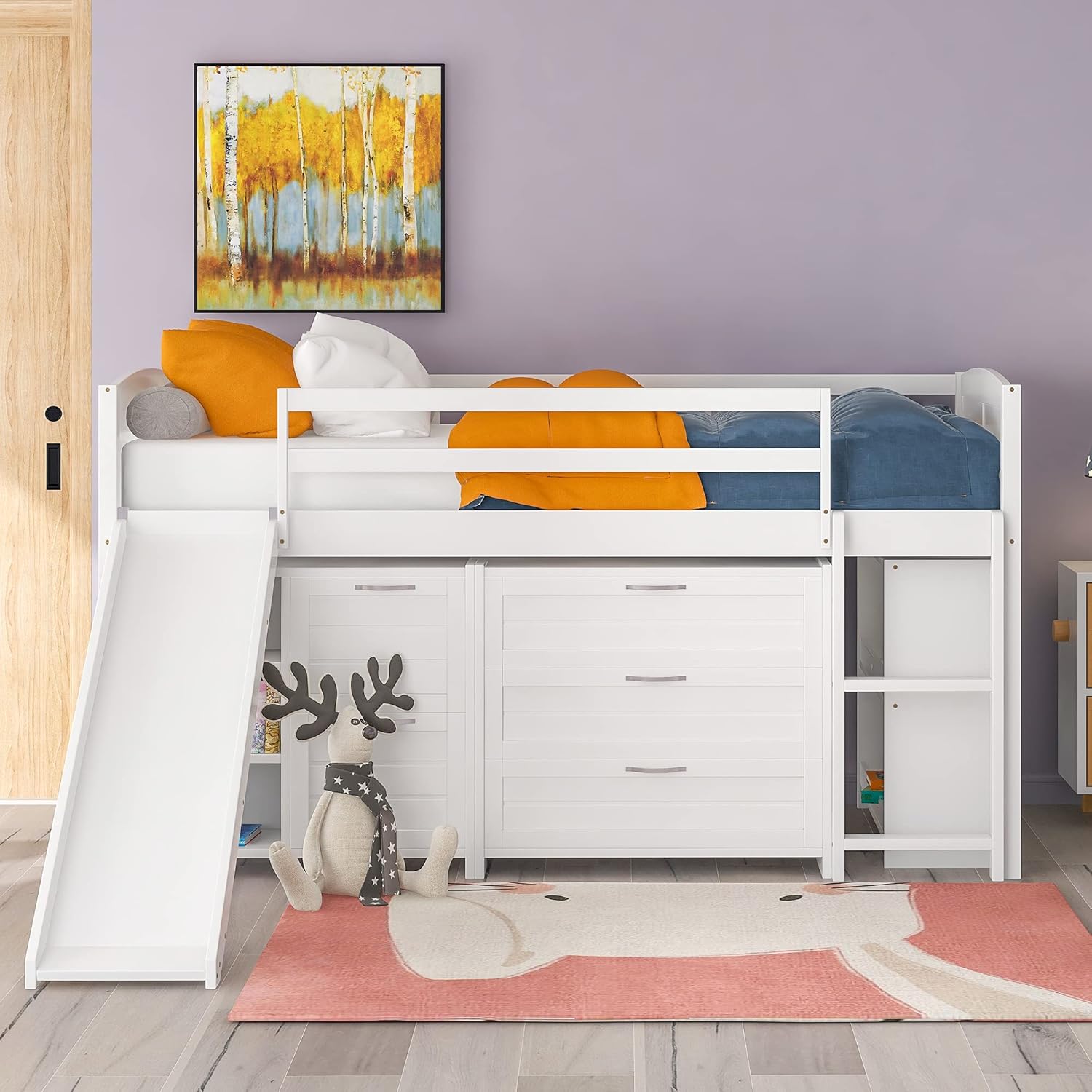 Twin Low Loft Bed with Slide, Storage Cabinets Drawers and Shelves, Wooden Space-Saving Loftbed Frame, for Kids Teens Bedroom, White