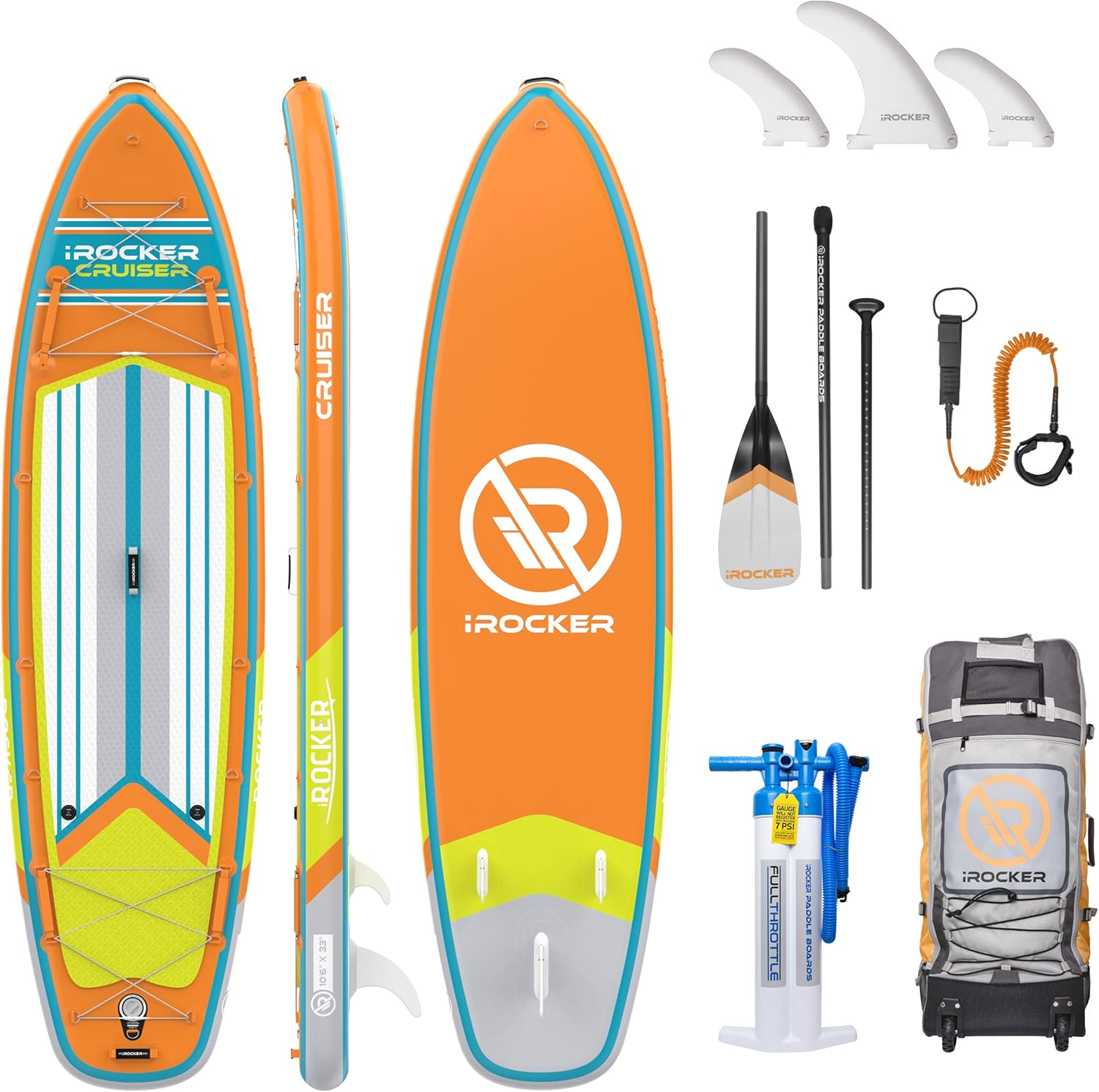 iROCKER Cruiser Inflatable Stand Up Paddle Board, Extremely Stable 10'6 Long 33 Wide 6 Thick Premium SUP with Roller Bag, Carbon Paddle, Pump, Leash, Fins & Repair Kit
