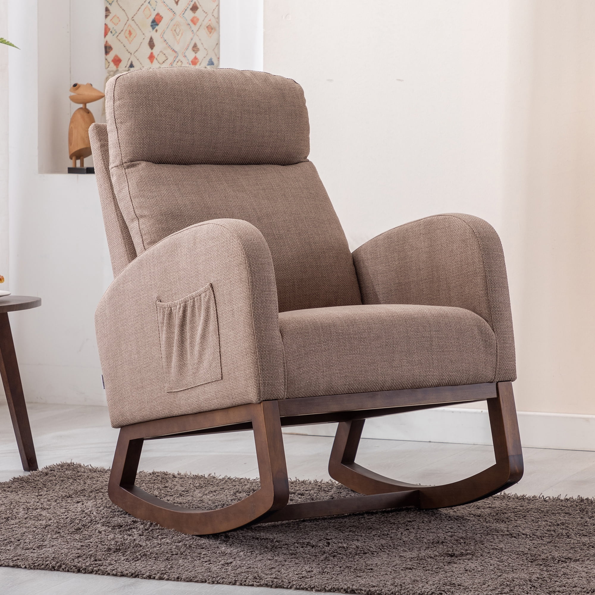 SYNGAR Modern Accent Rocking Chair, Upholstered Nursery Glider Rocker for Baby and Kids, Comfy Armchair with Side Pocket, Living Room Lounge Arm Chair, High Backrest with Wood Curved Base, Camel