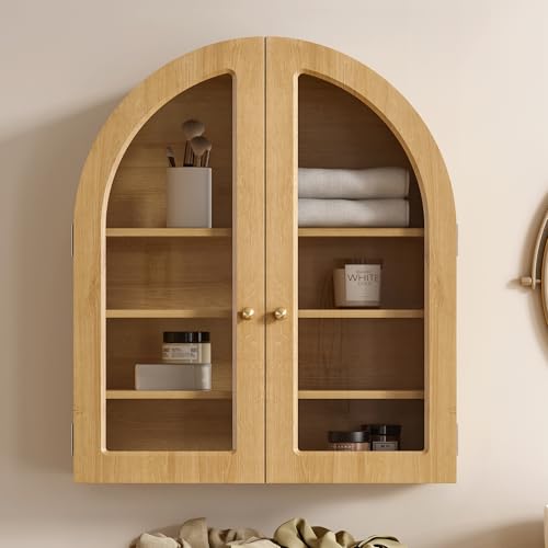 Large Arched Wall Cabinet, Bathroom Medicine Wall Mounted Cupboard, Modern Floating Storage Cabinet with Acrylic Door Adjustable Shelf, Wood Organizer (Natural Oak)