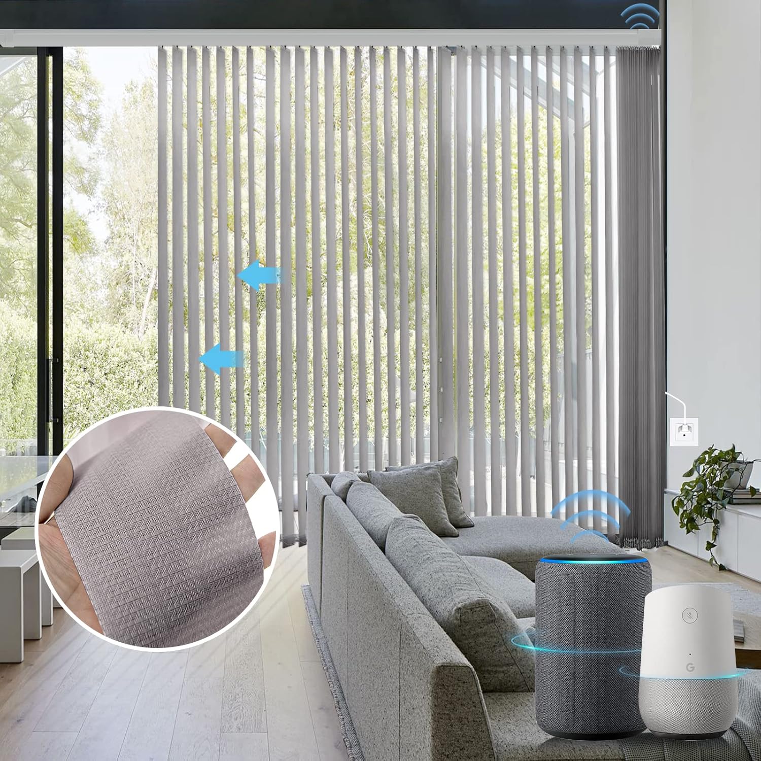 Graywind Motorized Half Shading Vertical Blinds Compatible with Alexa Google Privacy Smart Vertical Blind Remote Control Track Slats Set for Sliding Doors No Valance, Width Up to 157, Textured Khaki