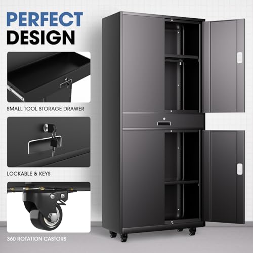 DNA MOTORING 71'' Metal Storage Cabinet, Locking Tool Cabinet with 1 Drawer and Adjustable Shelves, Lockable Heavy Duty Metal Locker for Garage,Office,Home,Gym, Gray, TOOLS-00629-GY-GY-A