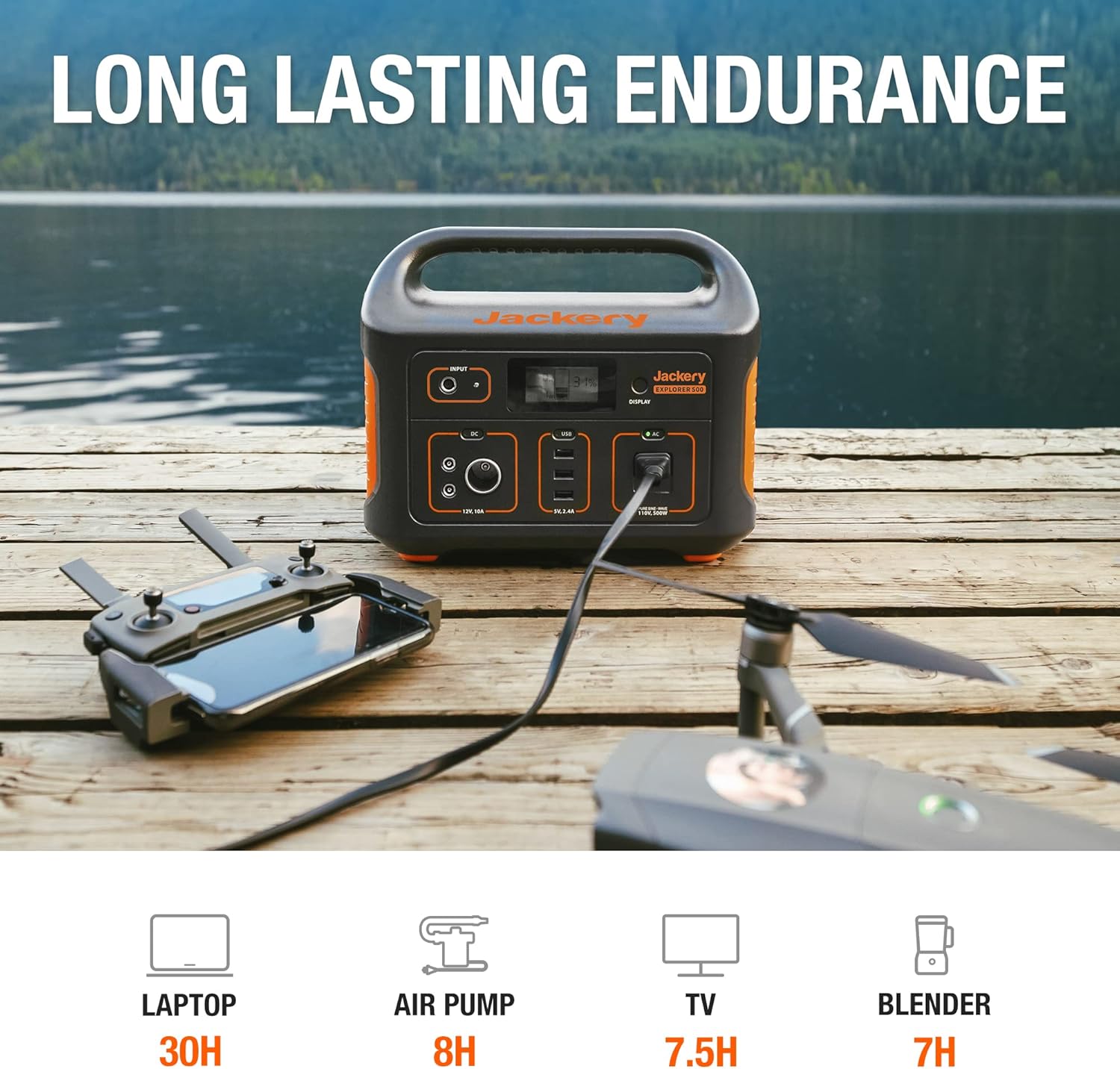 Jackery Portable Power Station Explorer 500, 518Wh Outdoor Solar Generator Mobile Lithium Battery Pack with 110V/500W AC Outlet (Solar Panel Optional) for Road Trip Camping, Outdoor Adventure