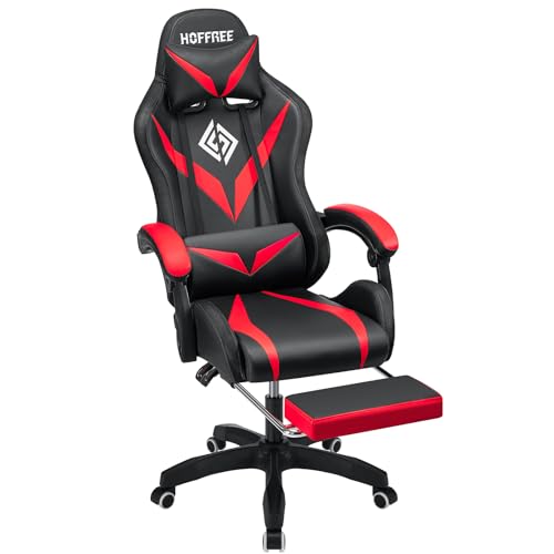 HOFFREE Gaming Chair Massage with Bluetooth Speakers and Led Lights Ergonomic Computer Gaming Chair with Footrest RGB Video Game Chair with High Back Lumbar Support Blue and Black