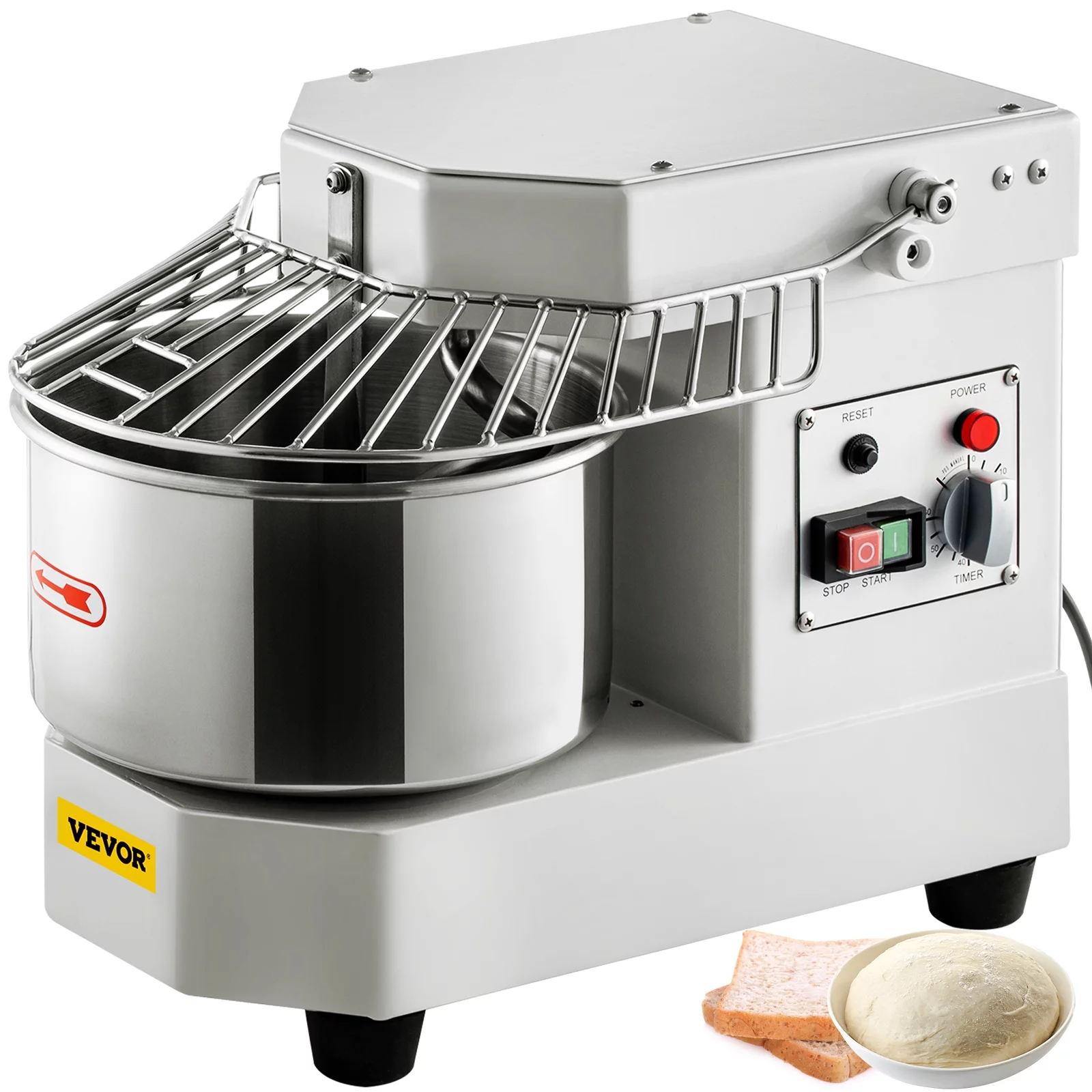 VEVORbrand Commercial Food Mixer, 7.3Qt Capacity, 450W Dual Rotating Dough Kneading Machine with Food-grade Stainless Steel Bowl, Security Shield & Timer Included, Baking Equipment