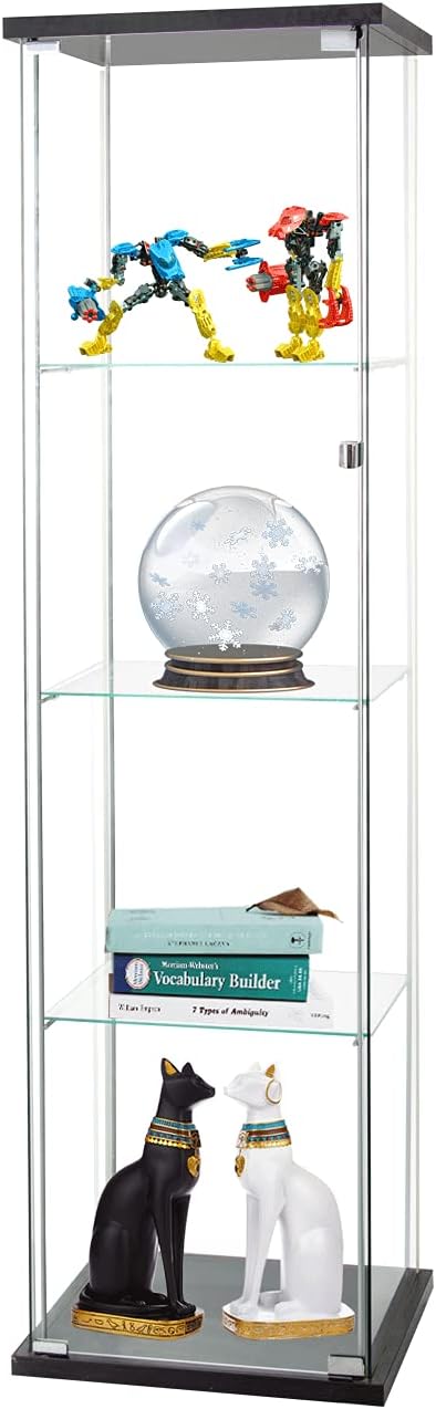 Beauty4U 4-Shelf Glass Countertop Display Cabinet with Door, Floor Standing Curio Glass Bookshelf for Living Room Bedroom Office, 64"x 17"x 14.5", Black