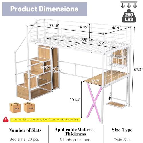 Full Size Loft Bed with Desk and Stairs,Metal Gaming Loft Bed Full with Wardrobe and Shelf, High Loft Bed with LED & USB Charging Station for Teens, Adults, Space Saving Design,Black