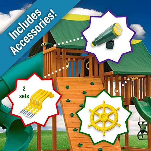 Sky Solid Cedar Wood Swing Set | Jungle Gym with Clubhouses, Rock Wall, Spiral Slide, Bottom Clubhouse, Wooden Step Ladder, Swings, and Accessories | Easy Assembly | Kids Playhouse | 1,250lbs - #5